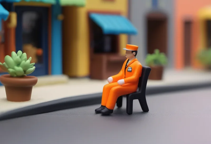 Ilustrasi clay jukir berompi oranye duduk santai di kursi